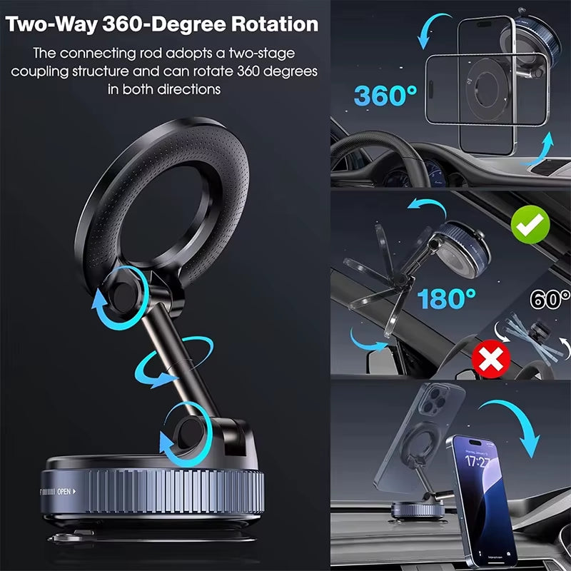 Strong Magnetic Car Phone Holder Foldable Magsafe Design 360° Adjustable Vacuum Mount for Car/Desk/Bathroom/ Use Metal