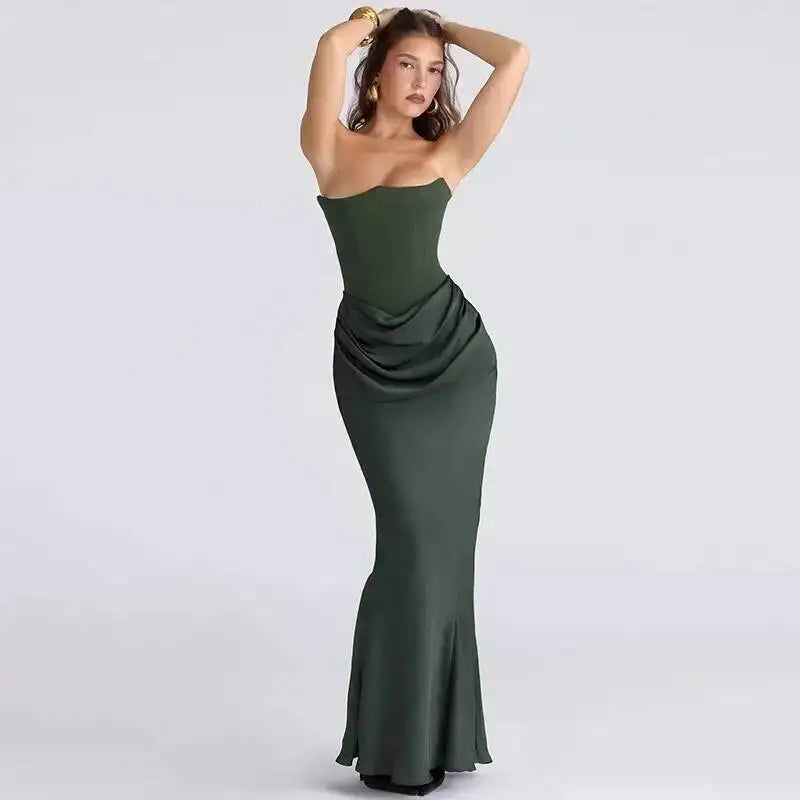 Sexy Satin Evening Club Party Dresses Women 2025 Summer Strapless off Shoulder Fishbone Ruched Maxi Long Dress Elegant Robe
