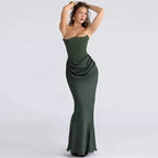 Sexy Satin Evening Club Party Dresses Women 2025 Summer Strapless off Shoulder Fishbone Ruched Maxi Long Dress Elegant Robe