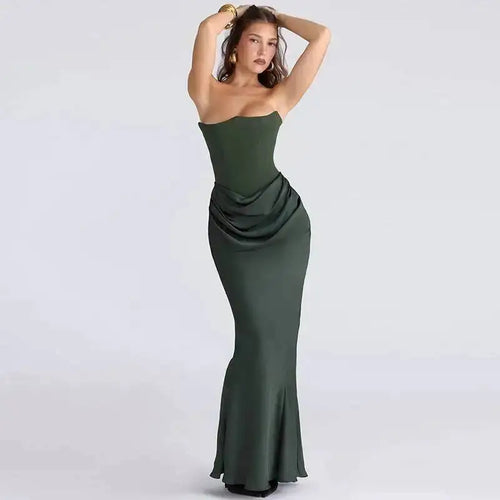 Sexy Satin Evening Club Party Dresses Women 2025 Summer Strapless off Shoulder Fishbone Ruched Maxi Long Dress Elegant Robe