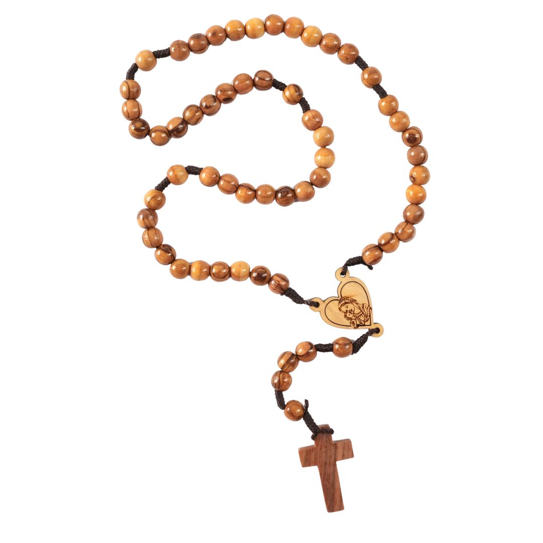 Rosenkranz aus Olivenholz mit Herz und Maria (42 cm) | Gebetskette als Geschenk zur Taufe, Kommunion & Firmung-0