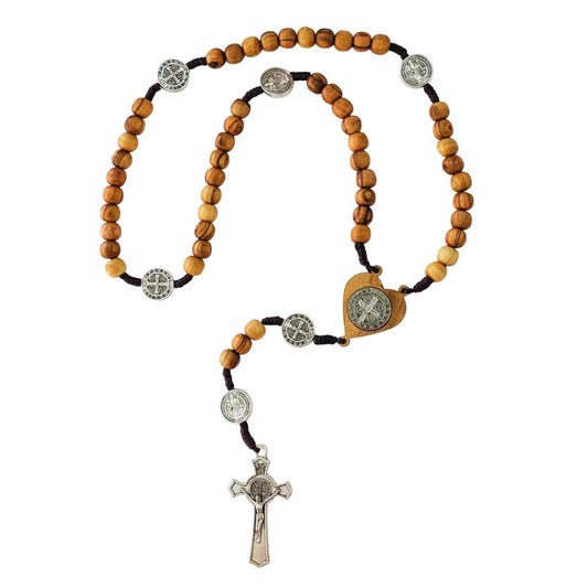 St. Benedikt Rosenkranz aus Olivenholz | Gebetskette mit Kreuz & Medaille, Geschenk Taufe, Kommunion, Firmung-0