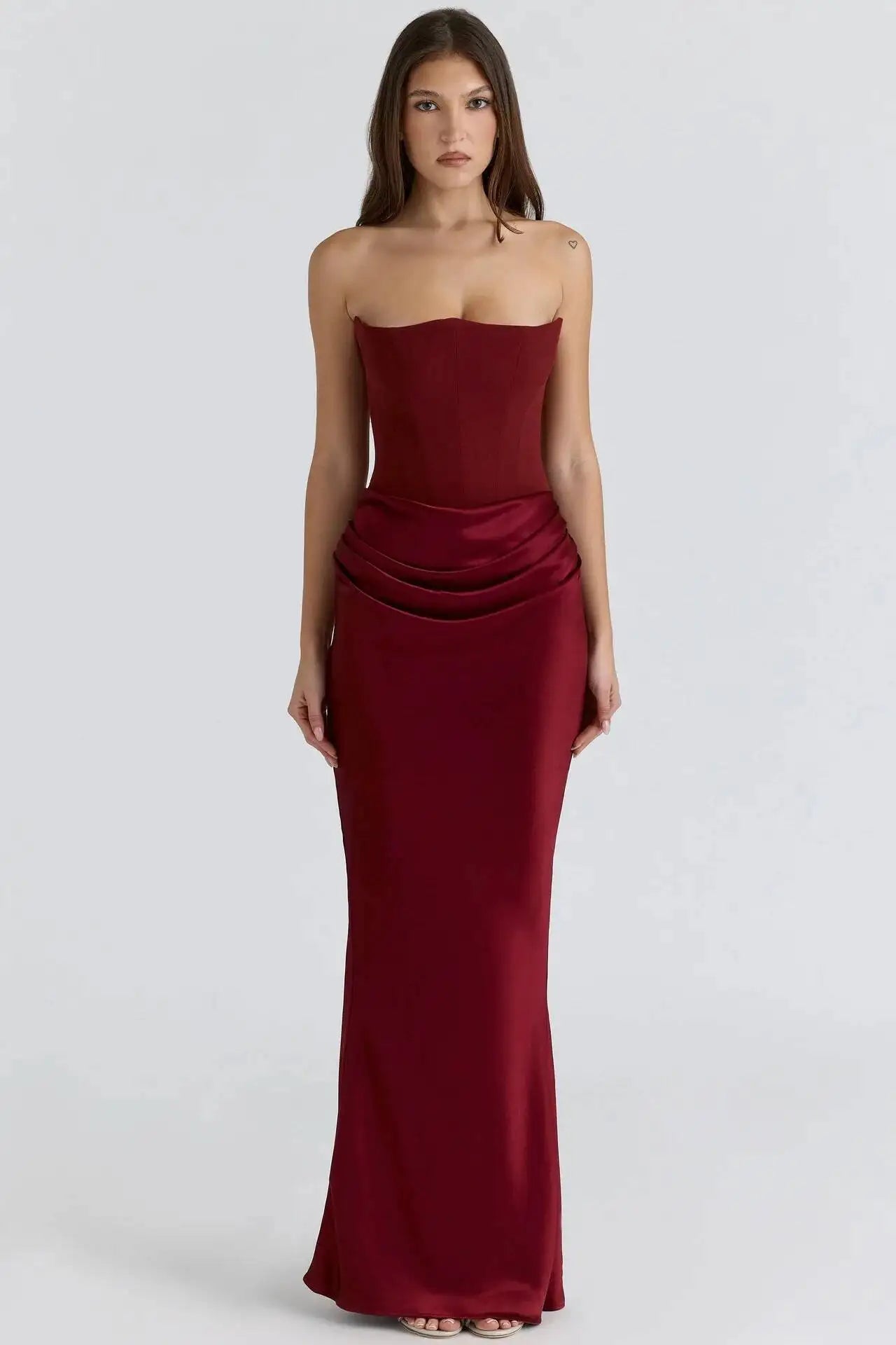 Sexy Satin Evening Club Party Dresses Women 2025 Summer Strapless off Shoulder Fishbone Ruched Maxi Long Dress Elegant Robe