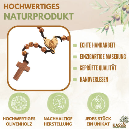 Rosenkranz aus Olivenholz mit Herz und Maria (42 cm) | Gebetskette als Geschenk zur Taufe, Kommunion & Firmung-1