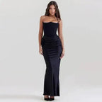 Sexy Satin Evening Club Party Dresses Women 2025 Summer Strapless off Shoulder Fishbone Ruched Maxi Long Dress Elegant Robe