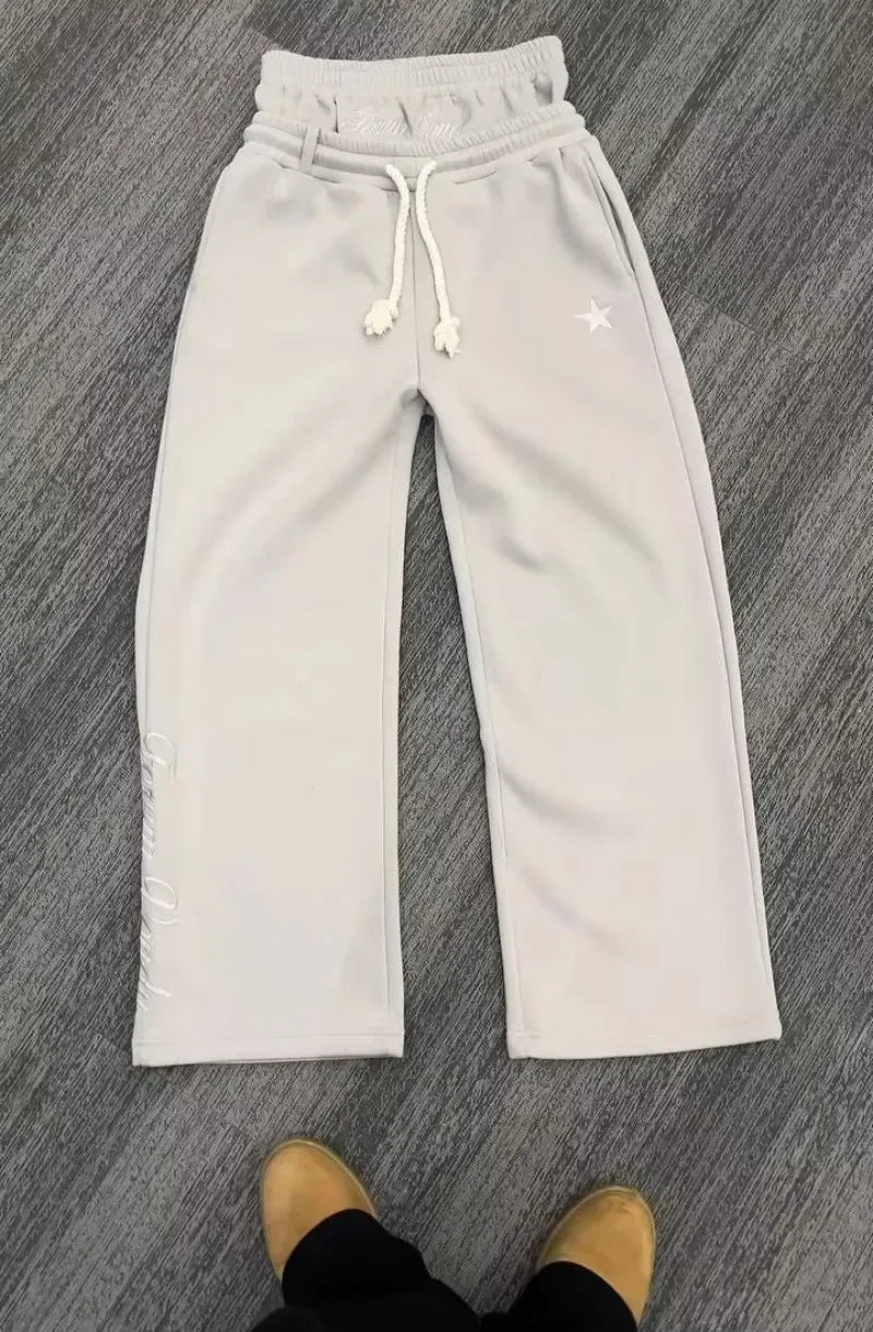 Y2K American New Harajuku Vintage Loose Double Waist Sweatpants Men Streetwear Hip Hop Popular Letters Embroidered Casual Pants