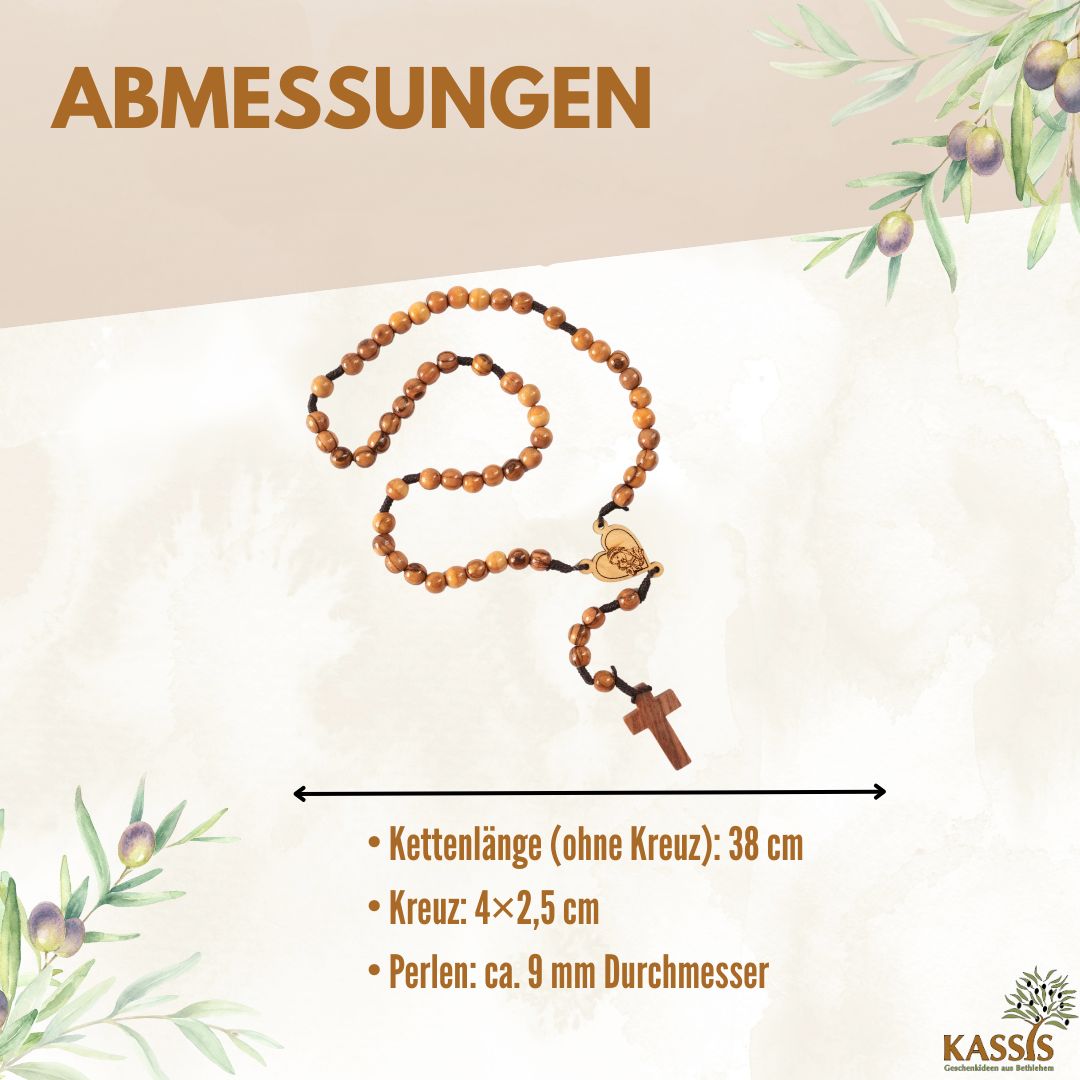 Rosenkranz aus Olivenholz mit Herz und Maria (42 cm) | Gebetskette als Geschenk zur Taufe, Kommunion & Firmung-2