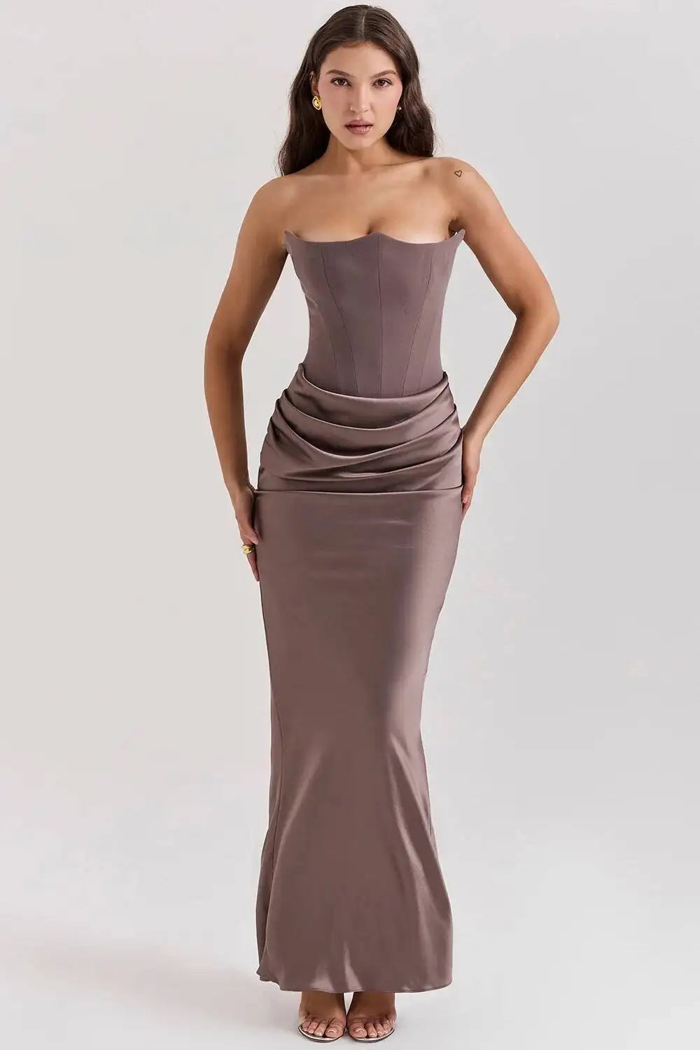 Sexy Satin Evening Club Party Dresses Women 2025 Summer Strapless off Shoulder Fishbone Ruched Maxi Long Dress Elegant Robe