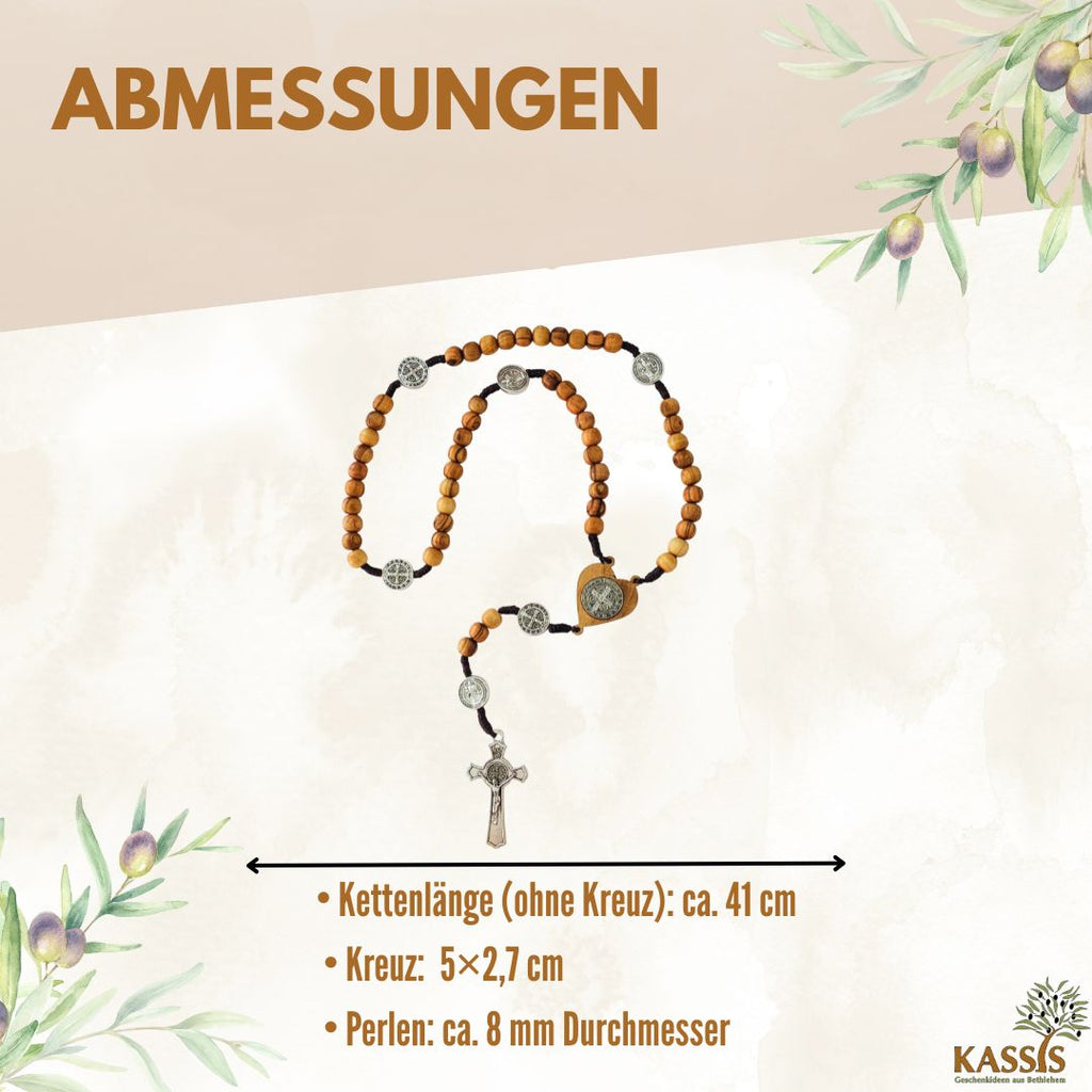 St. Benedikt Rosenkranz aus Olivenholz | Gebetskette mit Kreuz & Medaille, Geschenk Taufe, Kommunion, Firmung-2