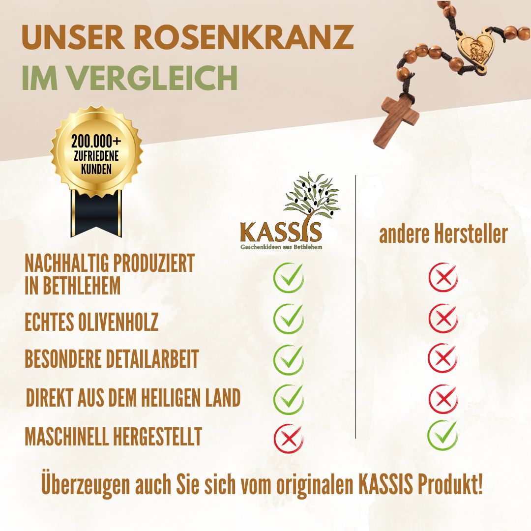 Rosenkranz aus Olivenholz mit Herz und Maria (42 cm) | Gebetskette als Geschenk zur Taufe, Kommunion & Firmung-3