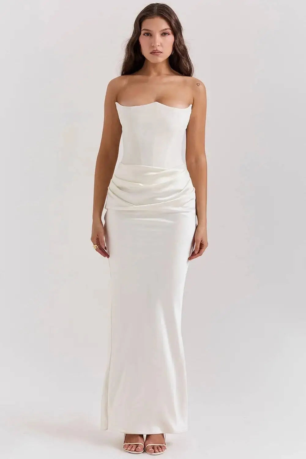 Sexy Satin Evening Club Party Dresses Women 2025 Summer Strapless off Shoulder Fishbone Ruched Maxi Long Dress Elegant Robe