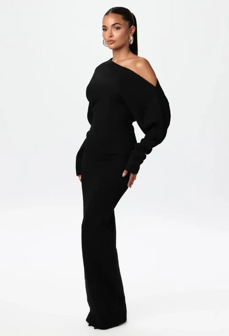 Women'S Black One Shoulder Long Sleeve Fitted Elegant Casual Daily Evening Party Fashion Maxi Dress