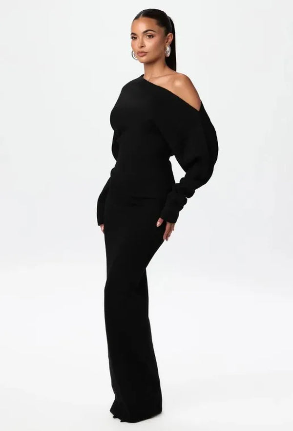 Women'S Black One Shoulder Long Sleeve Fitted Elegant Casual Daily Evening Party Fashion Maxi Dress