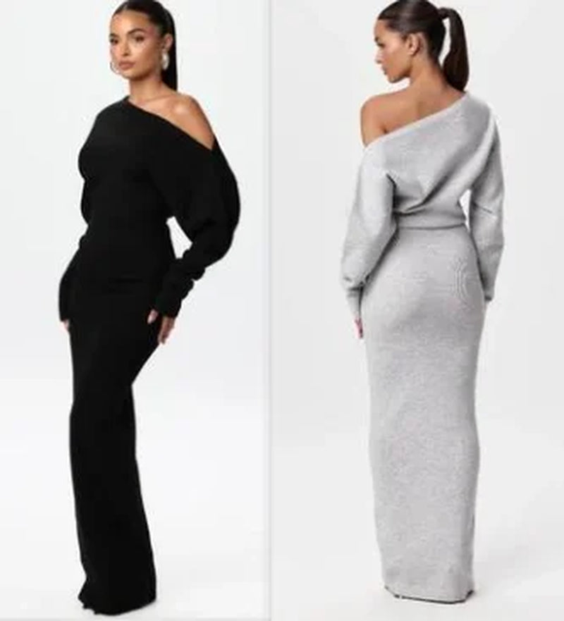 Women'S Black One Shoulder Long Sleeve Fitted Elegant Casual Daily Evening Party Fashion Maxi Dress