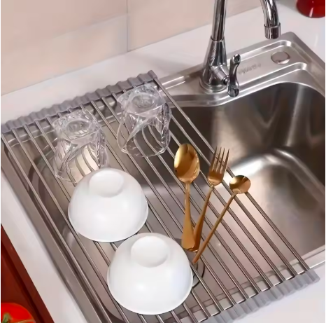 Silicone Stainless Steel Fruit & Vegetable Dish Drainer Kitchen Sink Shelf