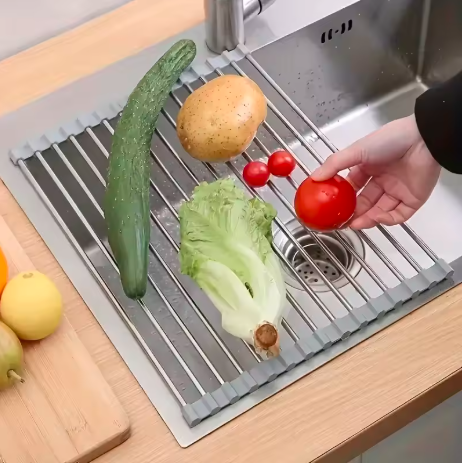 Silicone Stainless Steel Fruit & Vegetable Dish Drainer Kitchen Sink Shelf