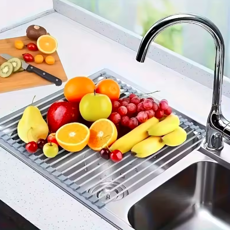 Silicone Stainless Steel Fruit & Vegetable Dish Drainer Kitchen Sink Shelf