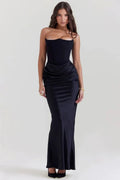 Sexy Satin Evening Club Party Dresses Women 2025 Summer Strapless off Shoulder Fishbone Ruched Maxi Long Dress Elegant Robe