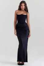 Sexy Satin Evening Club Party Dresses Women 2025 Summer Strapless off Shoulder Fishbone Ruched Maxi Long Dress Elegant Robe