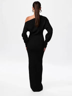 Women'S Black One Shoulder Long Sleeve Fitted Elegant Casual Daily Evening Party Fashion Maxi Dress