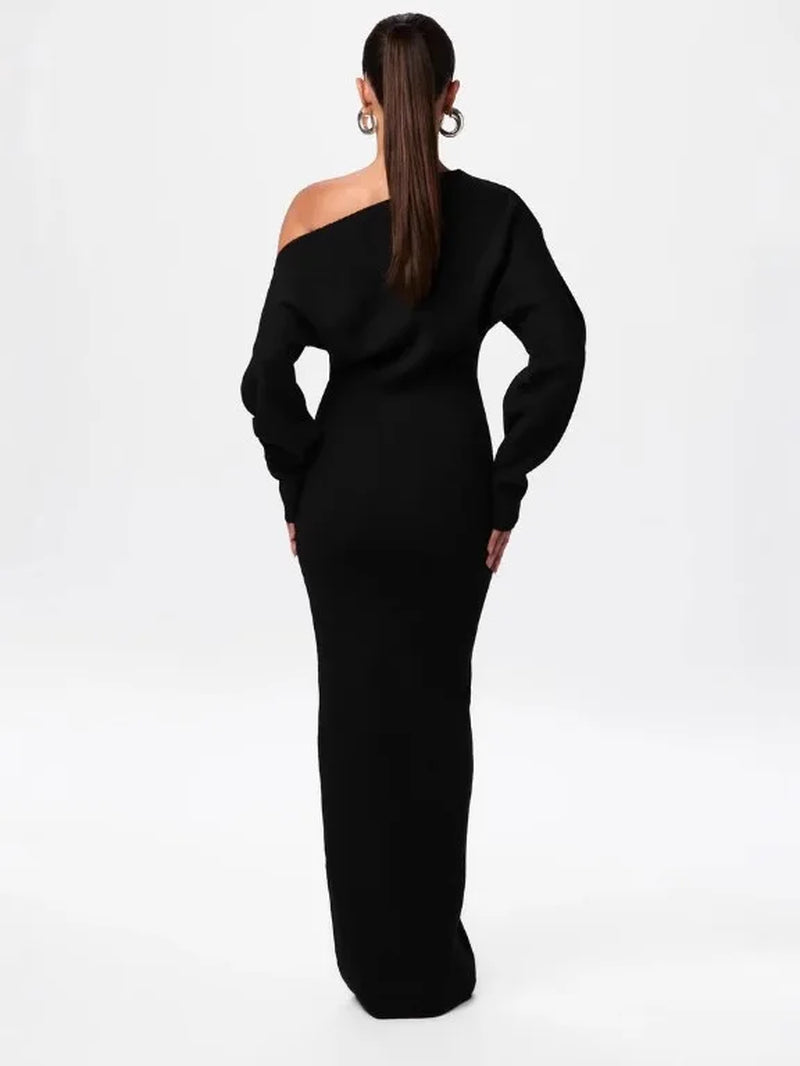 Women'S Black One Shoulder Long Sleeve Fitted Elegant Casual Daily Evening Party Fashion Maxi Dress