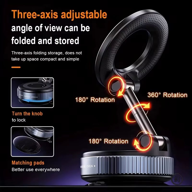 Strong Magnetic Car Phone Holder Foldable Magsafe Design 360° Adjustable Vacuum Mount for Car/Desk/Bathroom/ Use Metal