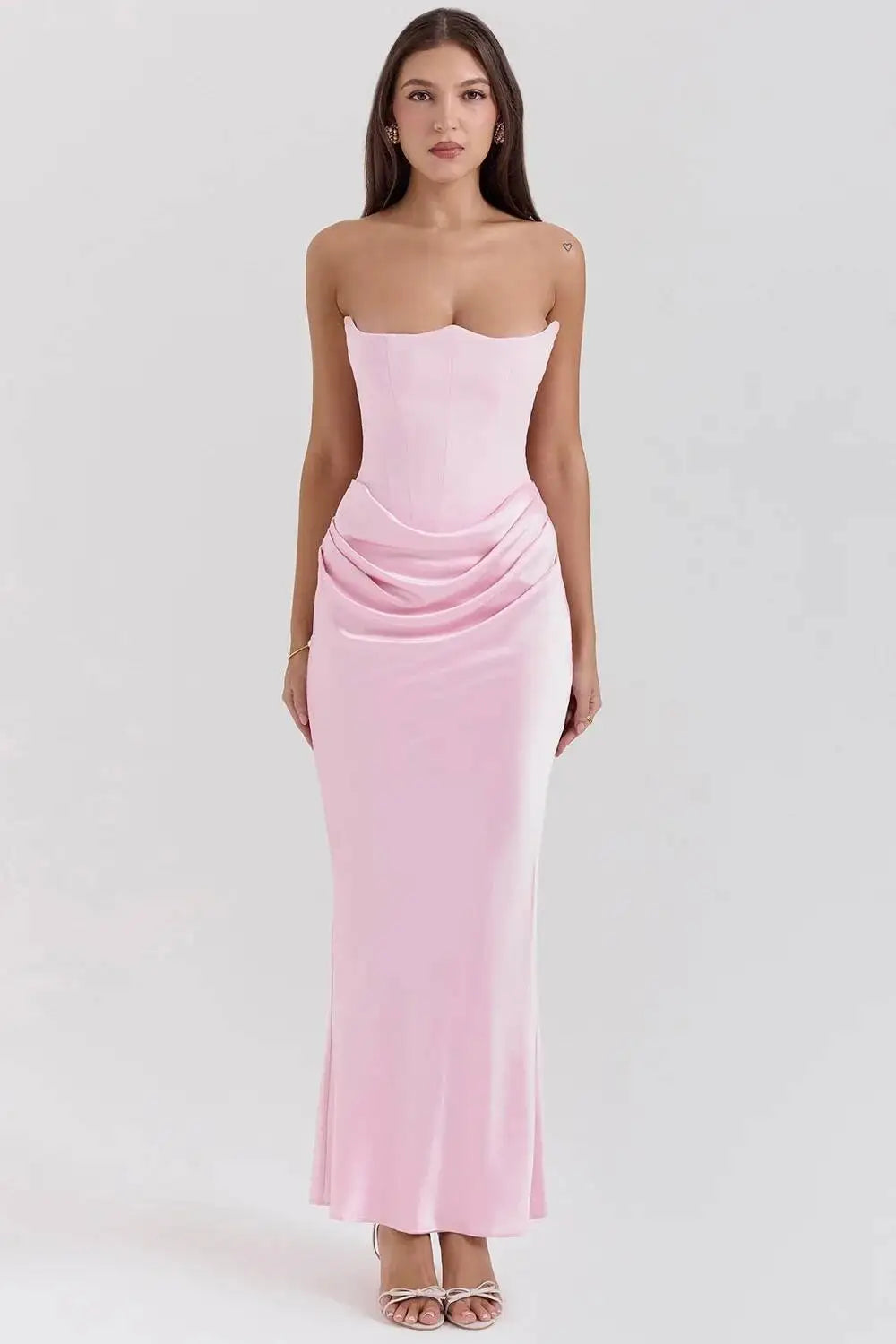 Sexy Satin Evening Club Party Dresses Women 2025 Summer Strapless off Shoulder Fishbone Ruched Maxi Long Dress Elegant Robe