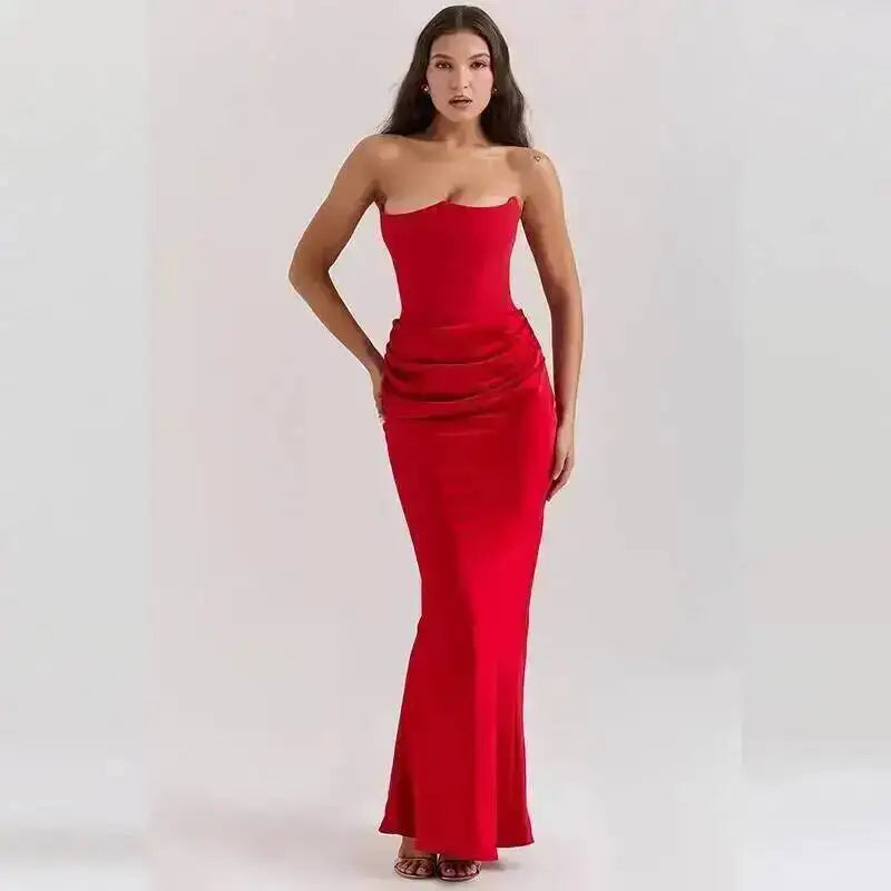 Sexy Satin Evening Club Party Dresses Women 2025 Summer Strapless off Shoulder Fishbone Ruched Maxi Long Dress Elegant Robe