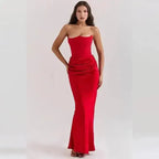 Sexy Satin Evening Club Party Dresses Women 2025 Summer Strapless off Shoulder Fishbone Ruched Maxi Long Dress Elegant Robe